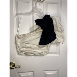 Zara Asymmetrical Cream and Black Pleated Top With Bow Size Small - NWOT